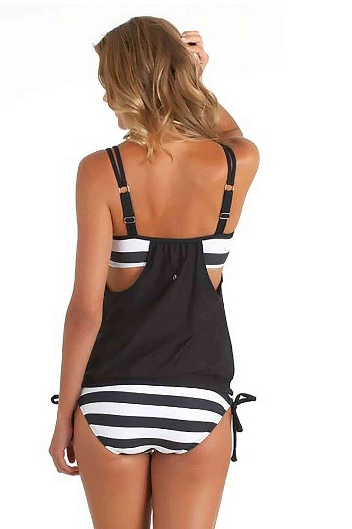 Angelsin Siyah Beyaz Kalın Cizgili Tankini Bikini Takım - 3