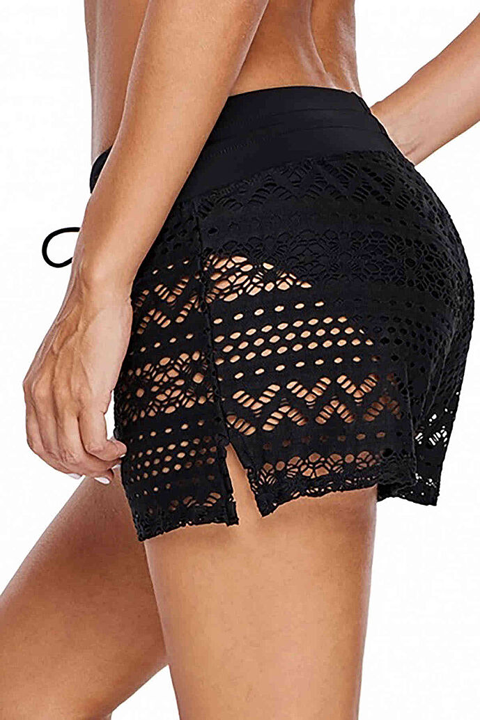 Angelsin Siyah Dantel Deniz Şortu Birleşik Bikini Alt - 4