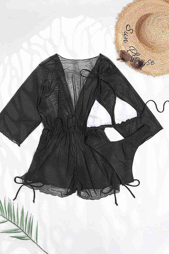 Angelsin Şifon Pareo Plaj Elbisesi Cover Up Kimono Siyah - 4