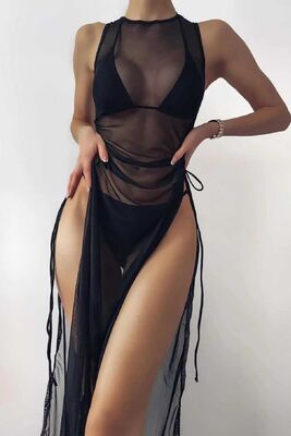 Angelsin - Angelsin Tül Pareo Plaj Elbisesi Siyah