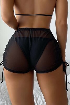 Angelsin - Angelsin Tül Plaj Şortu Pareo Cover Up Kimono Siyah (1)