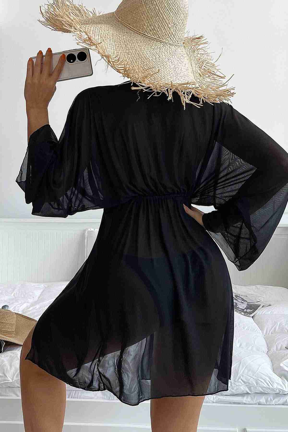 Angelsin Uzun Önden Bağlamalı Plaj Elbisesi Pareo Kimono Siyah