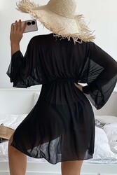 Angelsin Uzun Önden Bağlamalı Plaj Elbisesi Pareo Kimono Siyah - Thumbnail