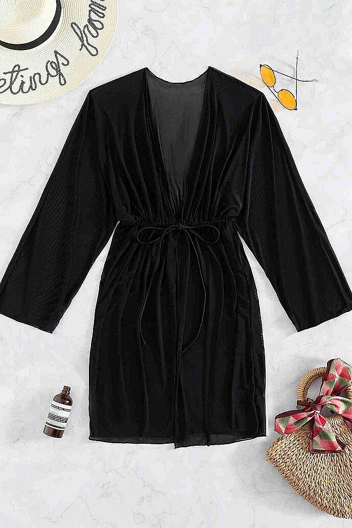 Angelsin Uzun Önden Bağlamalı Plaj Elbisesi Pareo Kimono Siyah - 3