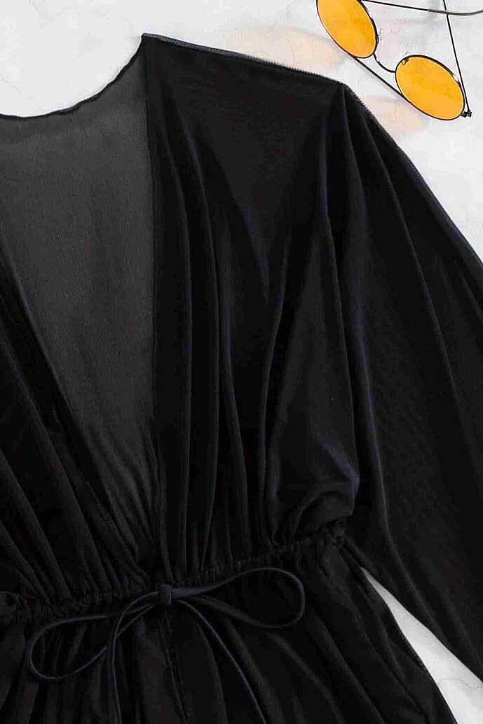 Angelsin Uzun Önden Bağlamalı Plaj Elbisesi Pareo Kimono Siyah - 4