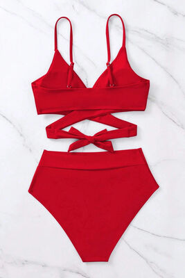 Angelsin V Kesim Bikini Altlı Bel Kuşak Detaylı  Bikini Takım Kırmızı - 3