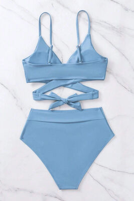 Angelsin V Kesim Bikini Altlı Bel Kuşak Detaylı  Bikini Takım Mavi - 5