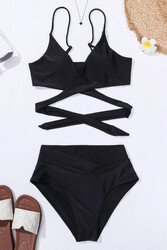 Angelsin V Kesim Bikini Altlı Bel Kuşak Detaylı  Bikini Takım Siyah - 3