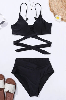Angelsin V Kesim Bikini Altlı Bel Kuşak Detaylı  Bikini Takım Siyah - 4