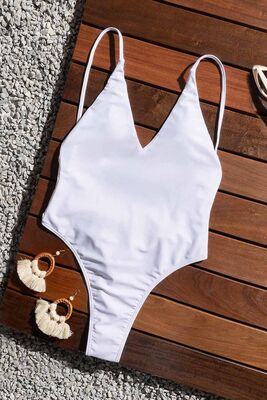 Angelsin - Angelsin V Yaka Sırt Dekolteli Brazilian Kesim Mayo Beyaz