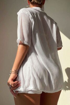 Angelsin - Angelsin Yaka Detaylı Gömlek Görünümlü Alt Üst Şort Takım Plaj Elbisesi Pareo Beyaz (1)