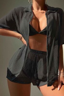 Angelsin - Angelsin Yaka Detaylı Gömlek Görünümlü Alt Üst Şort Takım Plaj Elbisesi Pareo Siyah