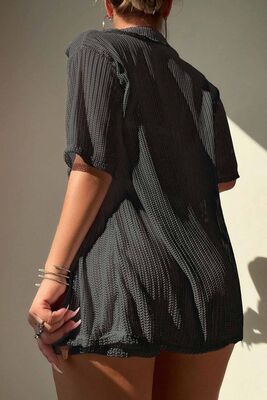 Angelsin - Angelsin Yaka Detaylı Gömlek Görünümlü Alt Üst Şort Takım Plaj Elbisesi Pareo Siyah (1)