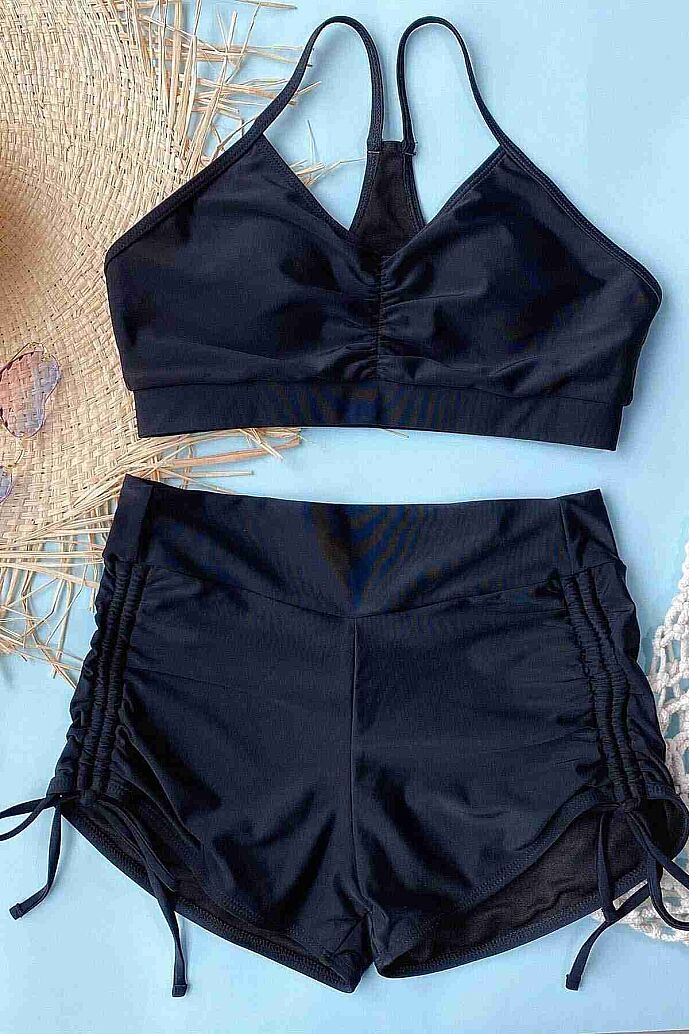 Angelsin Yanlardan Ayarlı Büzgülü Deniz Şortlu Tankini Bikini Takım Siyah - 3