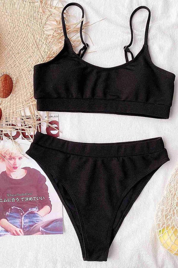 Angelsin Yüksek Bel Fitilli Kumaş BiKini Altı Siyah - 3