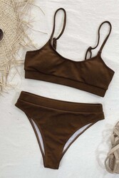 Angelsin Yüksek Bel Fitilli Kumaş Tankini Bikini Takım Kahverengi - Thumbnail