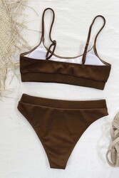 Angelsin Yüksek Bel Fitilli Kumaş Tankini Bikini Takım Kahverengi - Thumbnail