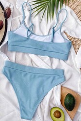Angelsin Yüksek Bel Fitilli Kumaş Tankini Bikini Takım Mavi - Thumbnail