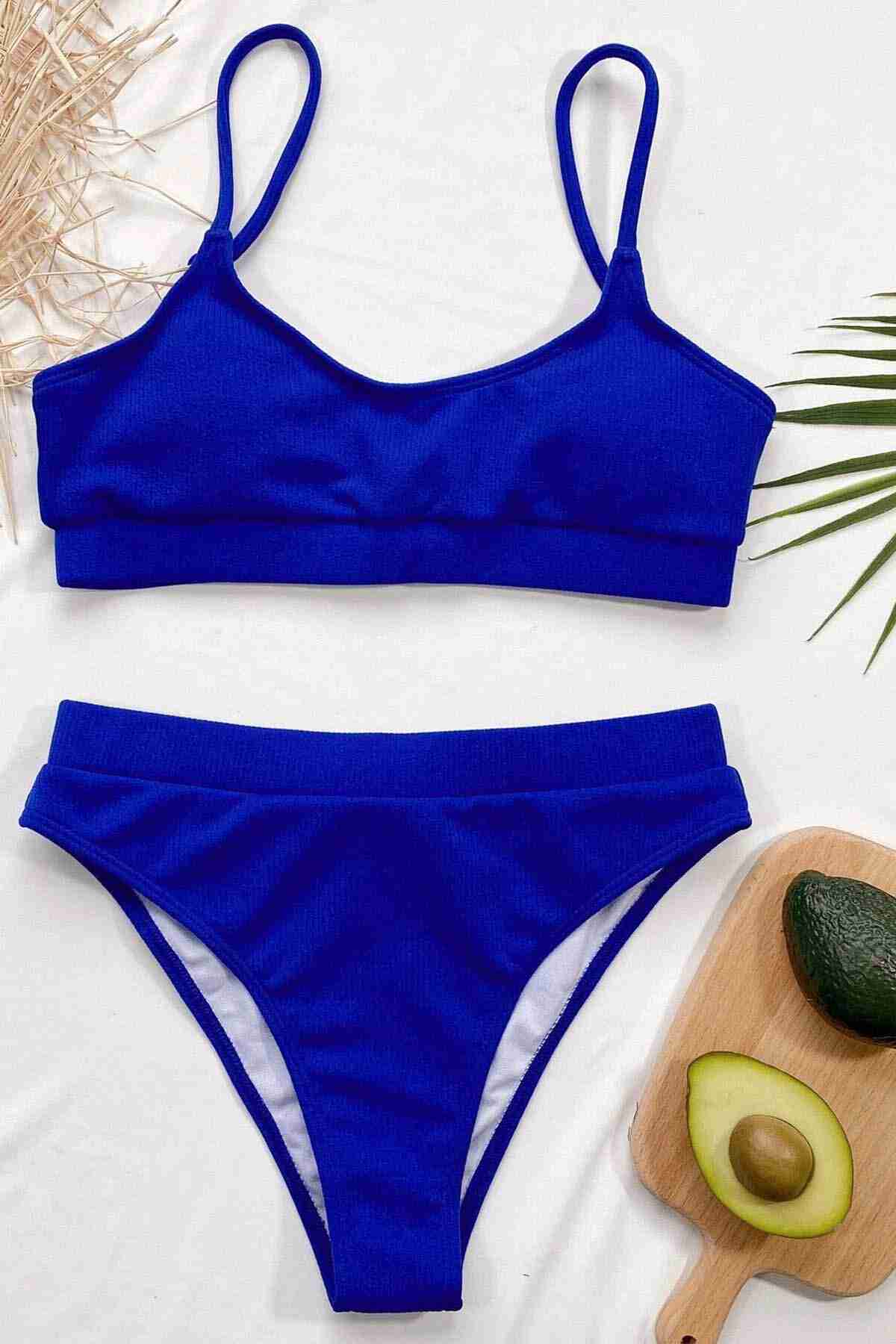 Angelsin Yüksek Bel Fitilli Kumaş Tankini Bikini Takım Saks