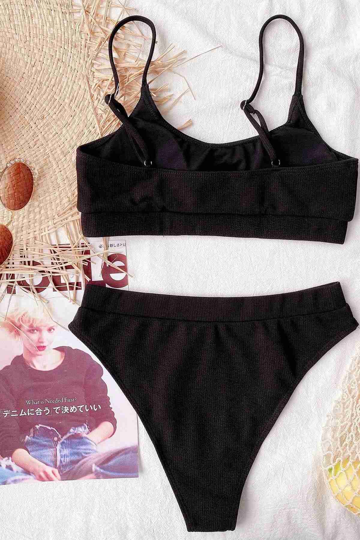 Angelsin Yüksek Bel Fitilli Kumaş Tankini Bikini Takım Siyah