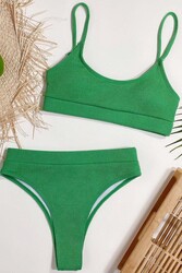 Angelsin Yüksek Bel Fitilli Kumaş Tankini Bikini Takım Yeşil - Thumbnail