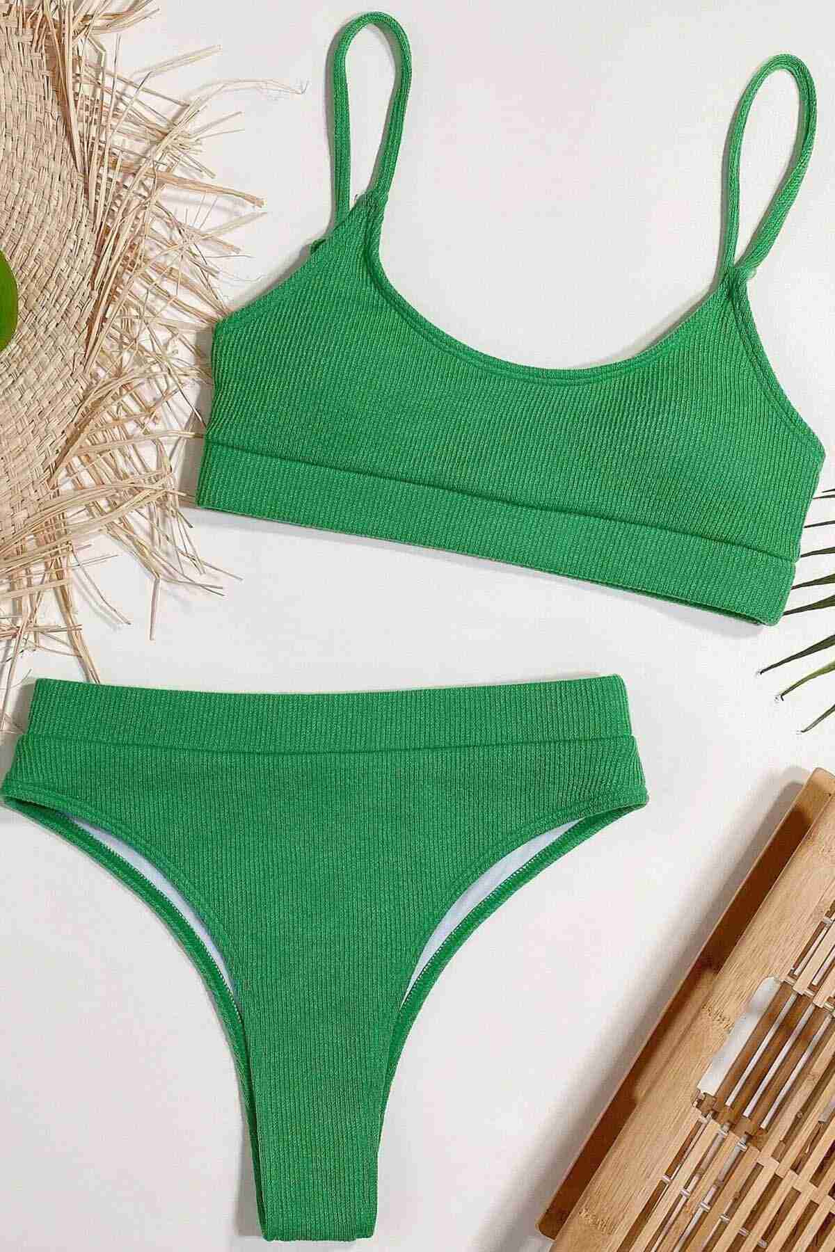Angelsin Yüksek Bel Fitilli Kumaş Tankini Bikini Takım Yeşil