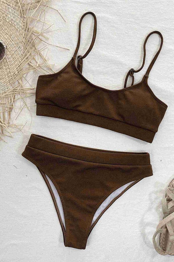 Angelsin Yüksek Bel Fitilli Kumaş Tankini Bikini Üstü Kahverengi - 3