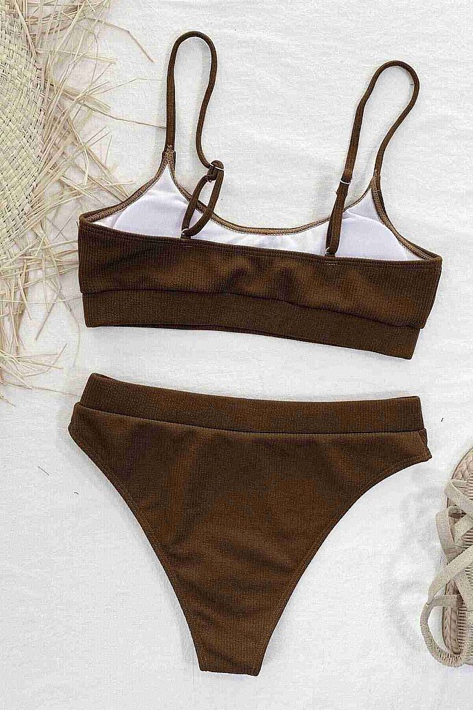 Angelsin Yüksek Bel Fitilli Kumaş Tankini Bikini Üstü Kahverengi - 4