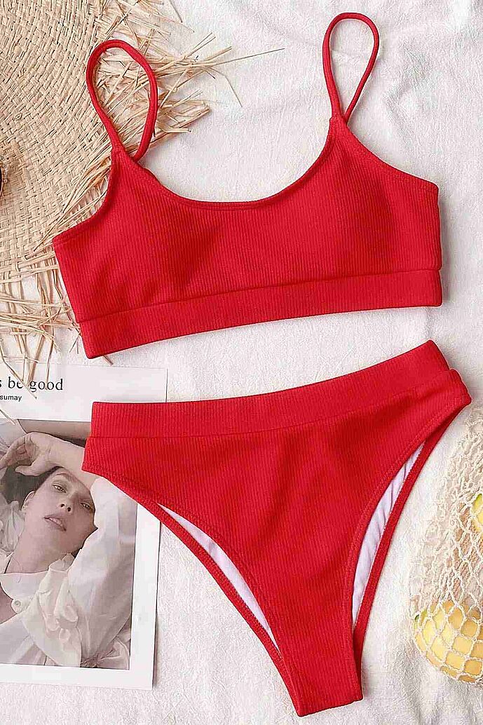 Angelsin Yüksek Bel Fitilli Kumaş Tankini Bikini Üstü Kırmızı - 3