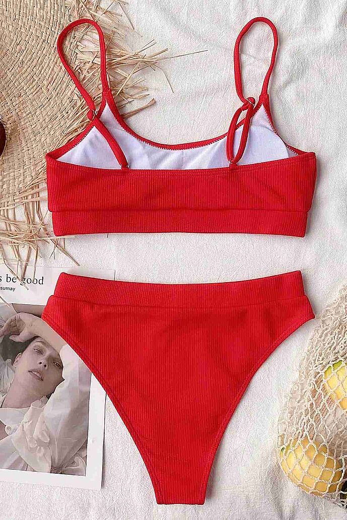 Angelsin Yüksek Bel Fitilli Kumaş Tankini Bikini Üstü Kırmızı - 4