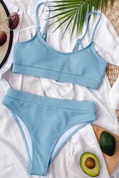 Angelsin Yüksek Bel Fitilli Kumaş Tankini Bikini Üstü Mavi - Thumbnail