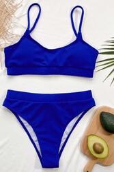 Angelsin Yüksek Bel Fitilli Kumaş Tankini Bikini Üstü Saks - Thumbnail