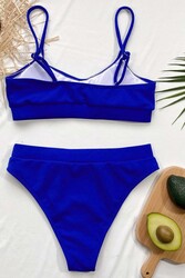 Angelsin Yüksek Bel Fitilli Kumaş Tankini Bikini Üstü Saks - Thumbnail