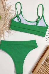 Angelsin Yüksek Bel Fitilli Kumaş Tankini Bikini Üstü Yeşil - Thumbnail