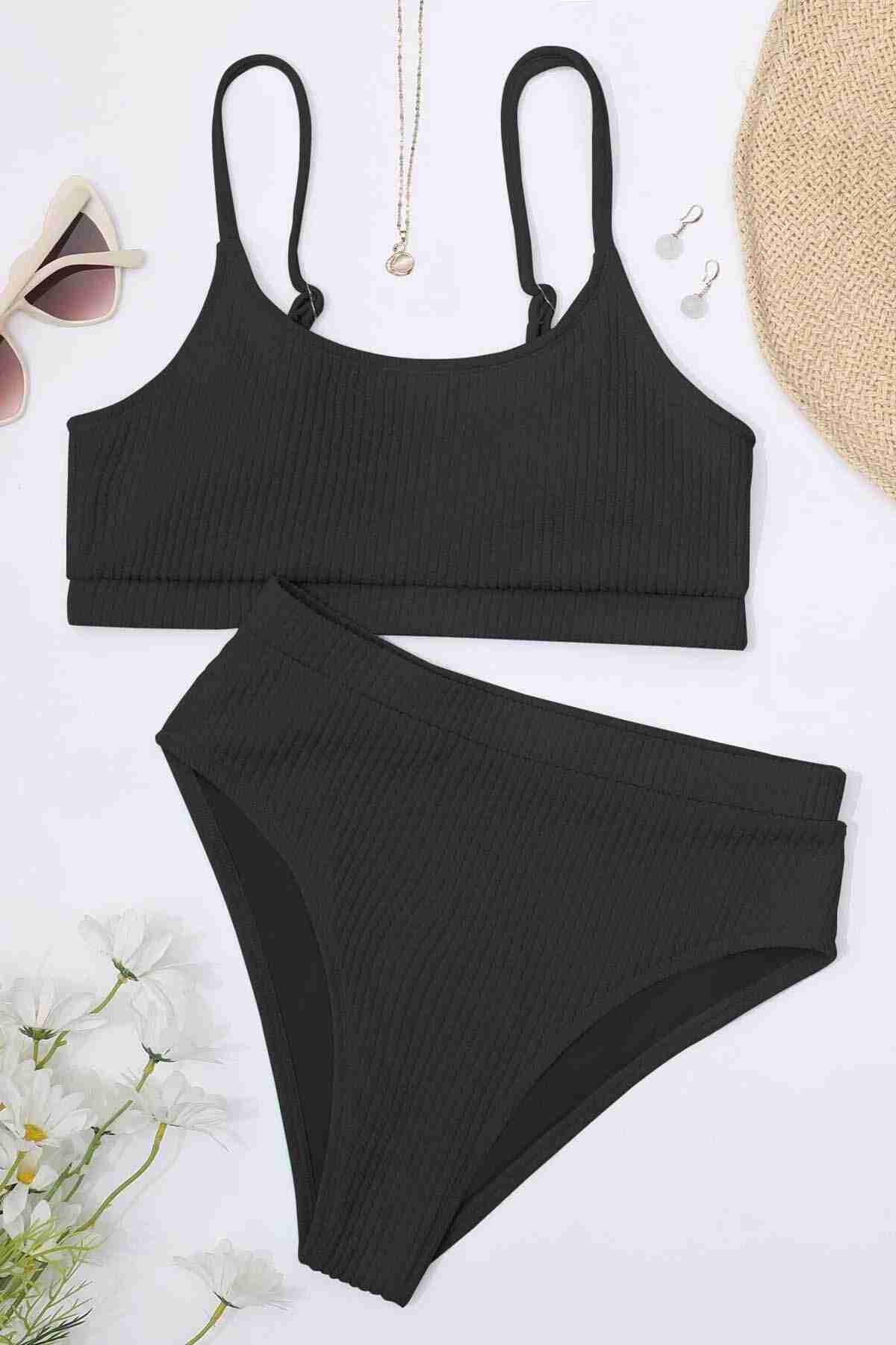 Angelsin Yüksek Bel Özel Kumaş Tankini Bikini Takım Siyah