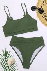 Angelsin Yüksek Bel Özel Kumaş Tankini Bikini Takım Yeşil - Thumbnail