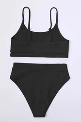 Angelsin Yüksek Bel Özel Kumaş Tankini Bikini Üstü Siyah - Thumbnail