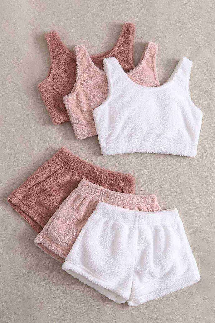 Merry See 3 Lü Set Kolsuz Askılı Peluş Polar Alt Üst Şortlu Pijama Takımı Çok Renkli - 3