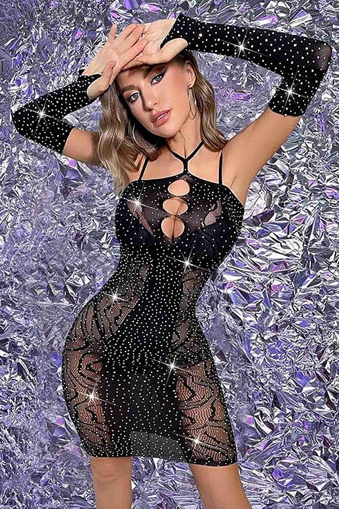 Merry See 3 Parça Eldivenli Mini Elbise Taşlı Vücut Çorabı Siyah - 3