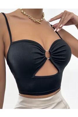 Merry See - Merry See Aksesuarlı Şık Crop Büstiyer T-shirt Siyah