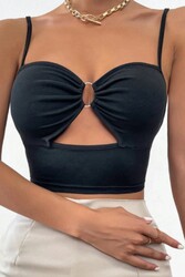 Merry See Aksesuarlı Şık Crop Büstiyer T-shirt Siyah - Thumbnail