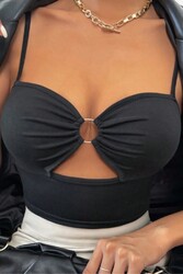 Merry See Aksesuarlı Şık Crop Büstiyer T-shirt Siyah - Thumbnail