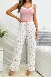 Merry See Askılı Şık Üstü Dantel İşlemeli Baskılı Pijama Takımı Çok Renkli - Thumbnail