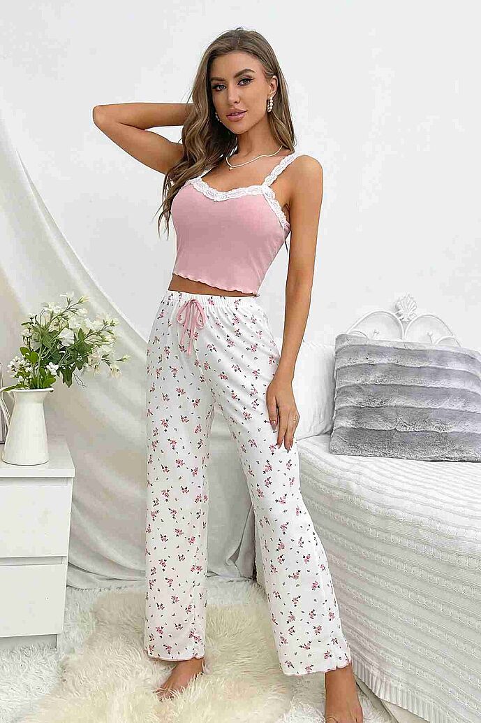 Merry See Askılı Şık Üstü Dantel İşlemeli Baskılı Pijama Takımı Çok Renkli - 6