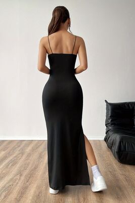 Merry See - Merry See Askılı Şık Yırtmaçlı Uzun Elbise Siyah (1)