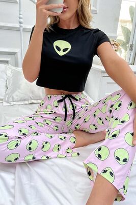 Merry See - Merry See Baskılı Kısa Kollu Pijama Takımı Çok Renkli