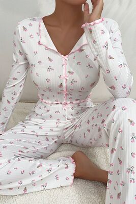 Merry See - Merry See Baskılı Özel Kumaş Pijama Takımı Beyaz