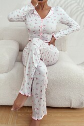 Merry See Baskılı Özel Kumaş Pijama Takımı Beyaz - Thumbnail