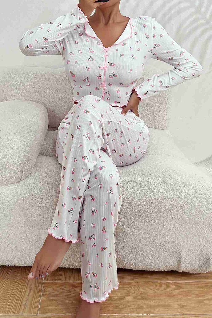 Merry See Baskılı Özel Kumaş Pijama Takımı Beyaz - 4