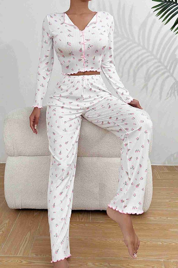 Merry See Baskılı Özel Kumaş Pijama Takımı Beyaz - 5